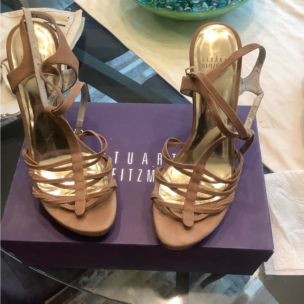Stuart Weitzman Tan Suede Strappy sandal with 4 1/2” heel